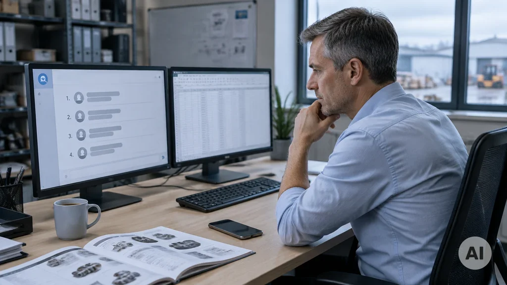 Einkäufer in einem deutschen Industriebüro sitzt vor zwei Bildschirmen und lässt sich von einem KI-Chat eine Liste möglicher Lieferanten vorschlagen