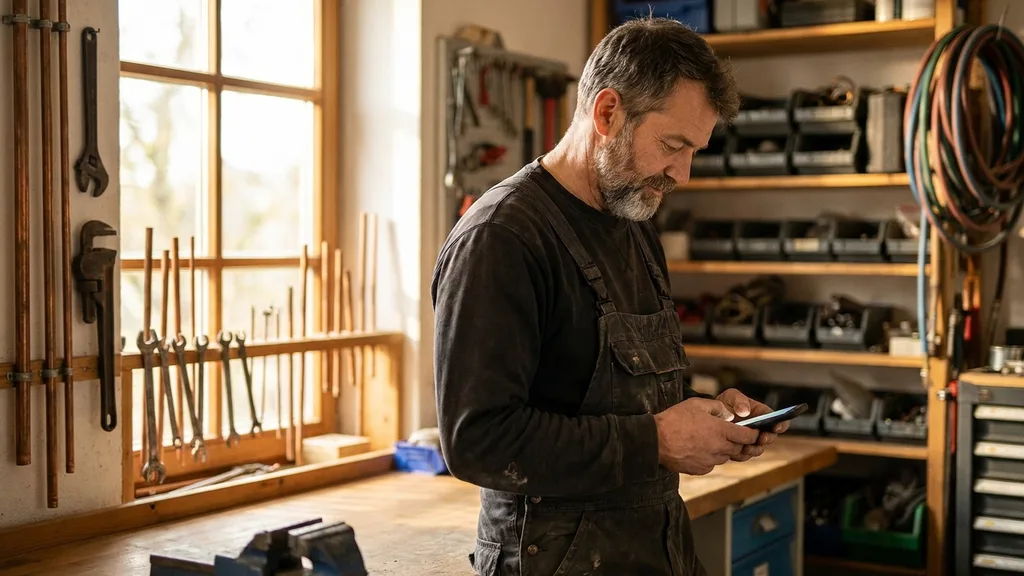 Ein Handwerksmeister prüft in seiner Werkstatt auf dem Smartphone die Brancheneinträge seines Betriebs