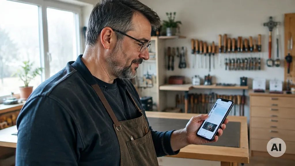 Inhaber eines regionalen Betriebs liest in seiner Werkstatt auf dem Smartphone eine ChatGPT-Antwort, unter der ein gekennzeichneter Anzeigenblock zu sehen ist (KI-generiertes Bild)