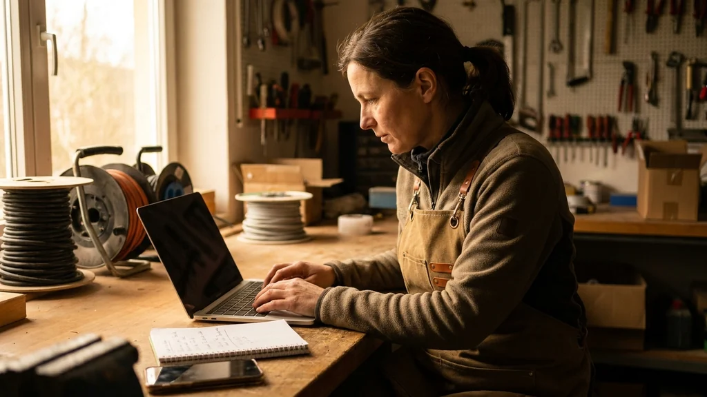 Handwerkerin in ihrer Werkstatt beantwortet am Laptop die häufigsten Kundenfragen für ihre Website