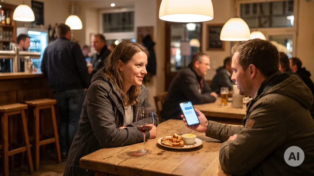 Paar sitzt abends an einem Holztisch in einem gut besuchten deutschen Wirtshaus; der Mann hält ein Smartphone mit geöffnetem Chatfenster, auf dem Empfehlungen angezeigt werden