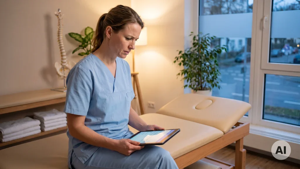 Physiotherapeutin in einer hellen Praxis schaut auf ein Tablet, auf dem ein KI-Chatfenster mit Empfehlungen für Praxen in der Umgebung geöffnet ist