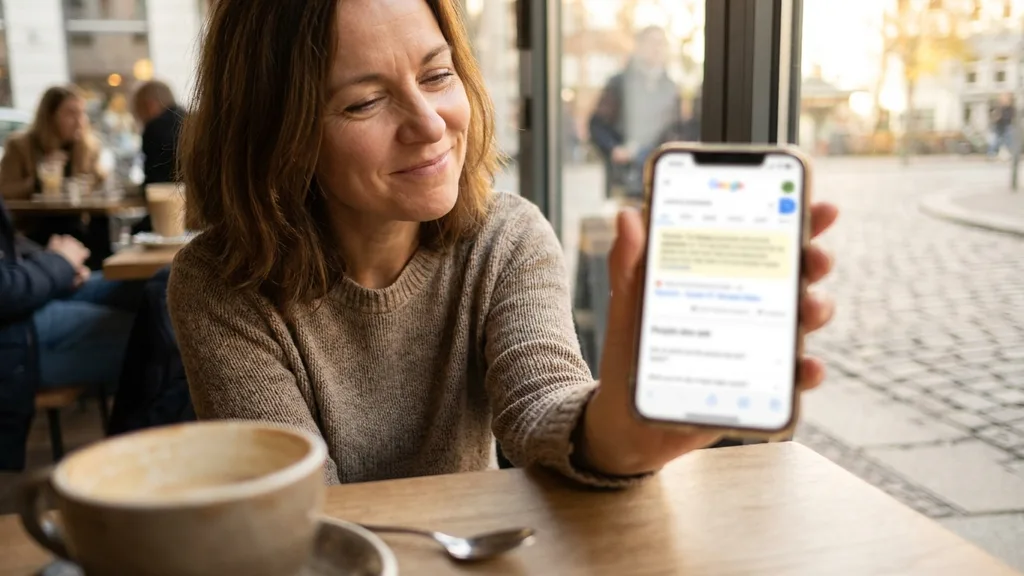 Ein Smartphone zeigt eine Google-KI-Übersicht über den klassischen Suchergebnissen