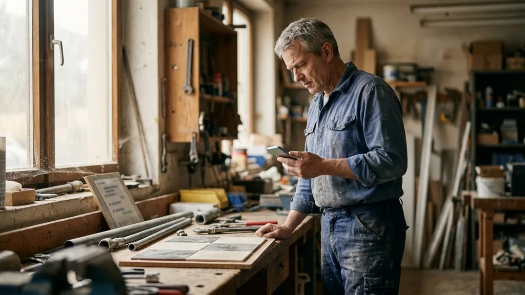 Handwerksmeister in Arbeitskleidung steht in seiner Werkstatt und schaut auf ein Smartphone, auf dem ein KI-Chat Empfehlungen für Handwerksbetriebe anzeigt