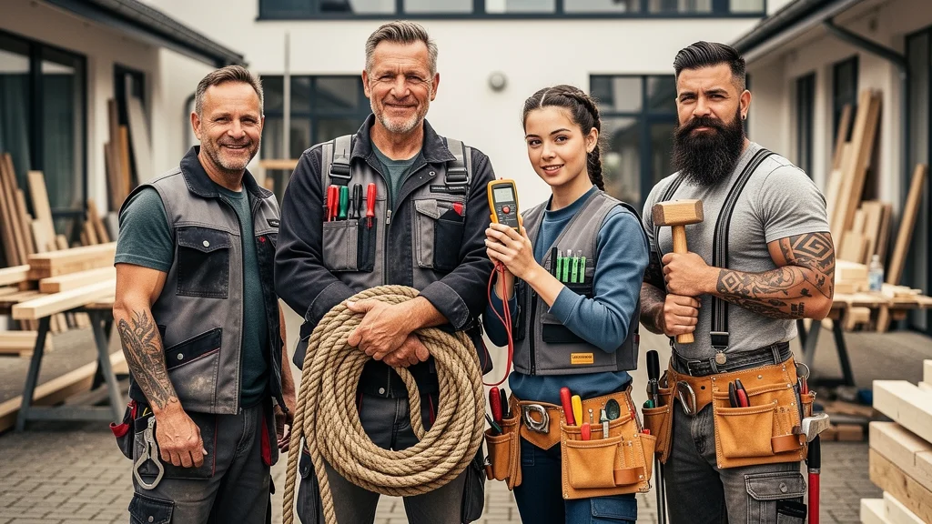 Stolze Handwerker auf dem Hof des Holzbetriebs