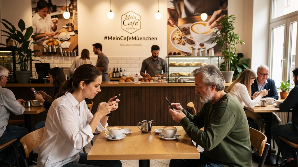 Zwei Besucher sitzen im Café und starren aufs Handy.